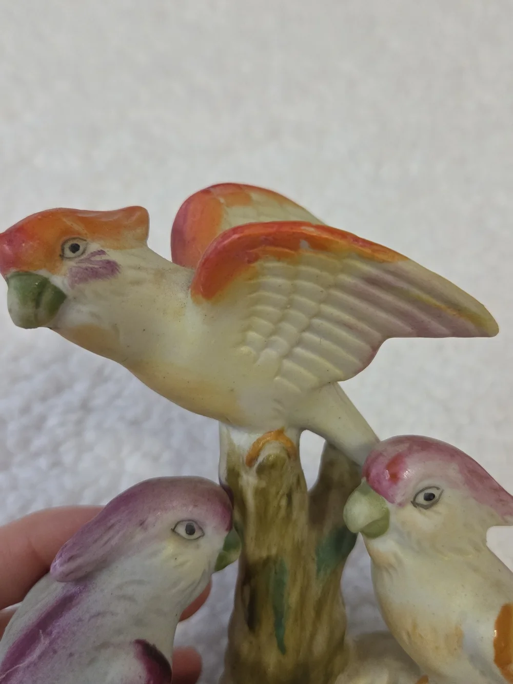 Ceramic Bird Figurine 3 Birds On A Tree Stump Japan Vintage Decor